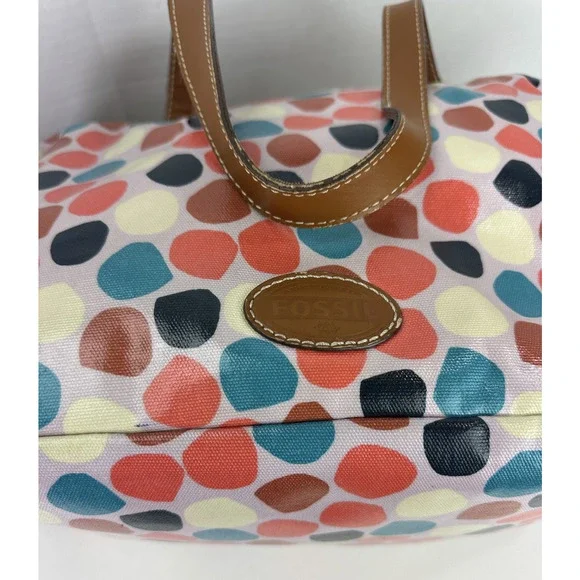 *Flawed Fossil Multicolor Geo Dot Print Coated Satchel Tote Bag Zip Top w/ Strap - Picture 2 of 16